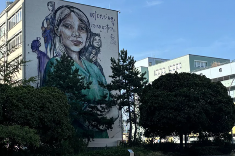 Auf der Fassade eines mehrstöckigen Hauses ist ein großes Graffiti zu sehen mit einer Frau im Zentrum. In der rechten Ecke des Graffiti steht: "Not caring is no option".